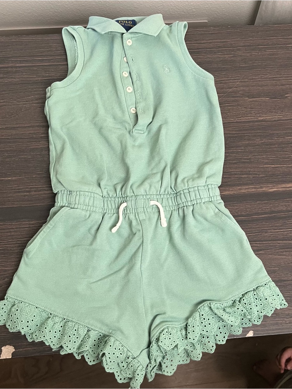 Polo Ralph Lauren mint green romper collared top eyelet lace trim bottoms 4t EUC